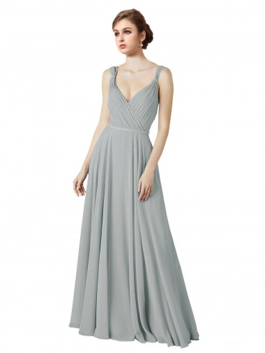 Online Silber A-Linien V-Ausschnitt Chiffon Lange Brautjungfernkleider