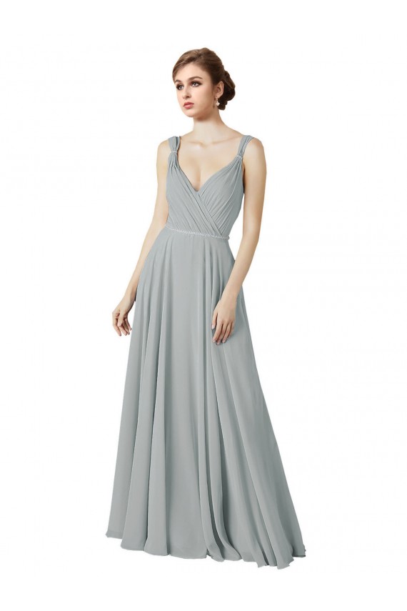 Online Silber A-Linien V-Ausschnitt Chiffon Lange Brautjungfernkleider