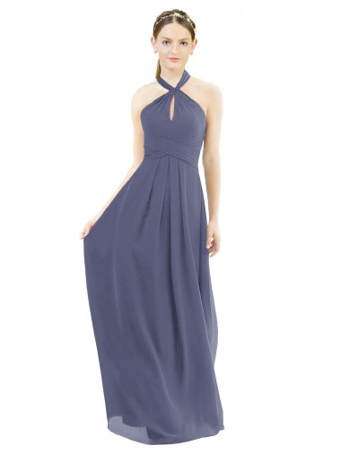 Online Silberner Stein A-Linien Neckholder Chiffon Lange Brautjungfernkleider