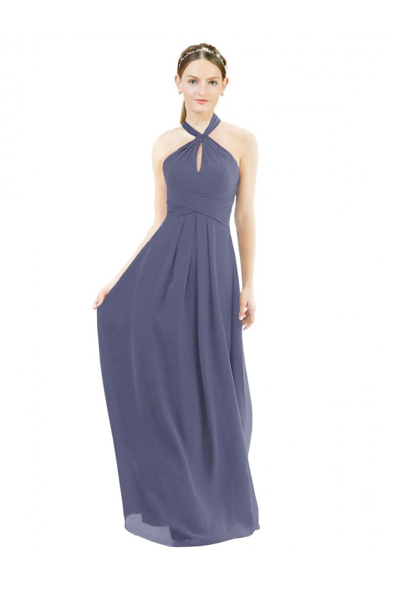 Online Silberner Stein A-Linien Neckholder Chiffon Lange Brautjungfernkleider