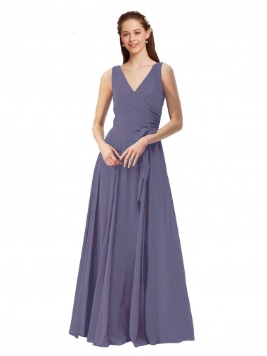 Online Silberner Stein A-Linien V-Ausschnitt Chiffon Lange Brautjungfernkleider