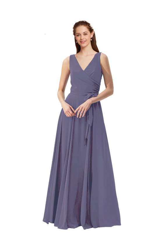 Online Silberner Stein A-Linien V-Ausschnitt Chiffon Lange Brautjungfernkleider