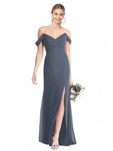 Online Silberner Stein Trompete Off-Schulter Chiffon Lange Brautjungfernkleider