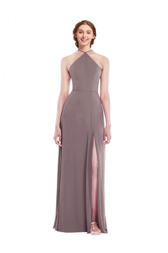 Online Staubige Rose A-Linien Neckholder Chiffon Lange Formale Brautjungfernkleider / Abendkleider