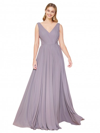 Online Staubige Rose A-Linien V-Ausschnitt Chiffon Lange Formale Brautjungfernkleider / Abendkleider / Abiballkleider