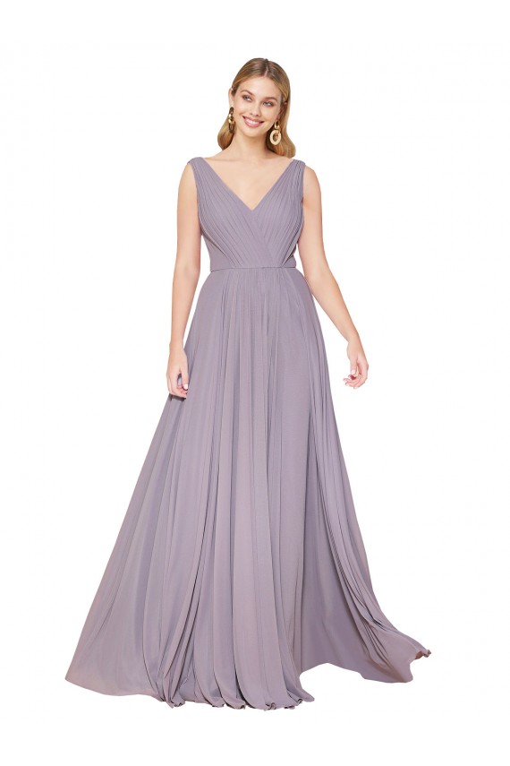 Online Staubige Rose A-Linien V-Ausschnitt Chiffon Lange Formale Brautjungfernkleider / Abendkleider / Abiballkleider