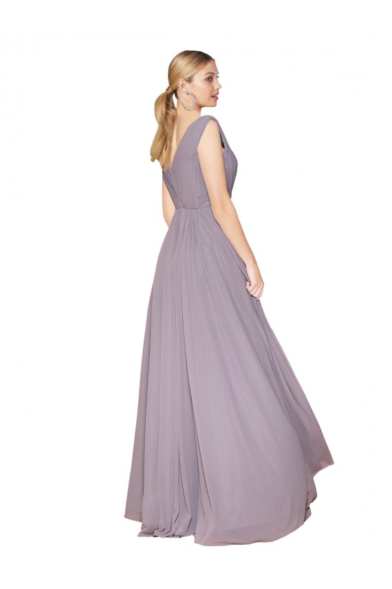 Online Staubige Rose A-Linien V-Ausschnitt Chiffon Lange Formale Brautjungfernkleider / Abendkleider / Abiballkleider