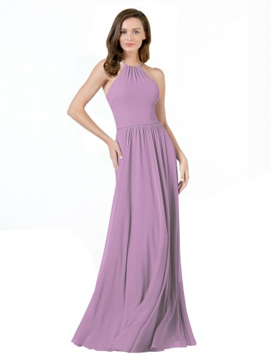 Online Staubiger Lavendel A-Linien Neckholder Chiffon Lange Brautjungfernkleider