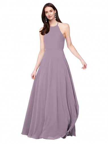 Online Staubiger Lavendel A-Linien Neckholder Chiffon Lange Brautjungfernkleider