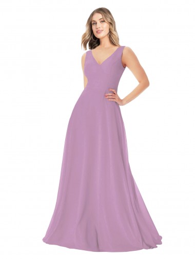 Online Staubiger Lavendel A-Linien V-Ausschnitt Chiffon Lange Brautjungfernkleider