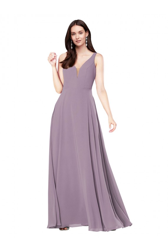 Online Staubiger Lavendel Etui V-Ausschnitt Chiffon Lange Formale Brautjungfernkleider / Abendkleider