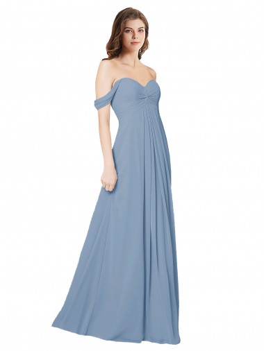 Online Staubiges Blau A-Linien Chiffon Lange Brautjungfernkleider