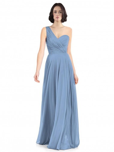 Online Staubiges Blau A-Linien Eine-Schulter Chiffon Lange Brautjungfernkleider