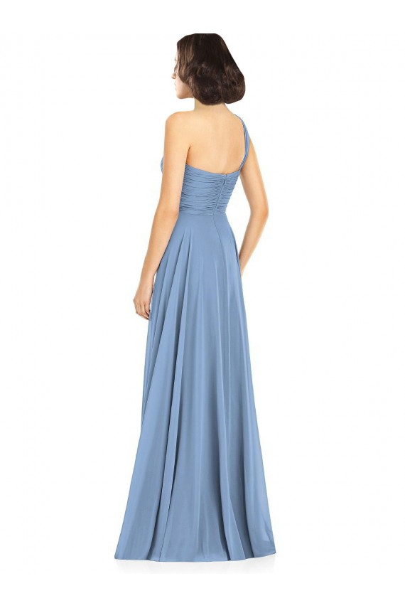 Online Staubiges Blau A-Linien Eine-Schulter Chiffon Lange Brautjungfernkleider