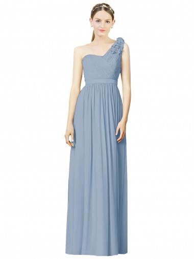 Online Staubiges Blau A-Linien Eine-Schulter Chiffon Lange Brautjungfernkleider