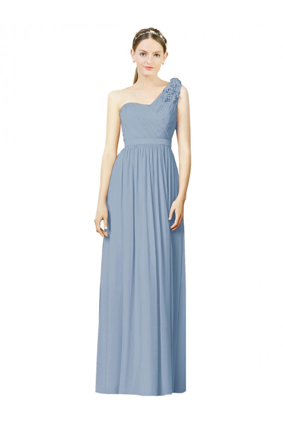 Online Staubiges Blau A-Linien Eine-Schulter Chiffon Lange Brautjungfernkleider