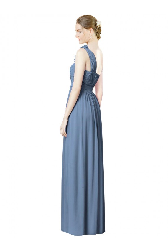 Online Staubiges Blau A-Linien Eine-Schulter Chiffon Lange Brautjungfernkleider