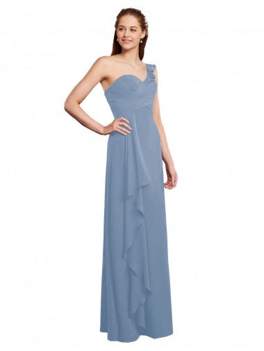 Online Staubiges Blau A-Linien Eine-Schulter Chiffon Lange Brautjungfernkleider
