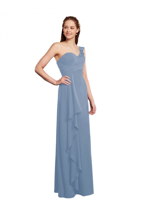 Online Staubiges Blau A-Linien Eine-Schulter Chiffon Lange Brautjungfernkleider