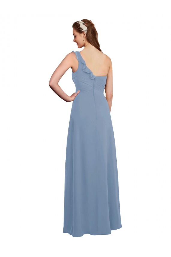 Online Staubiges Blau A-Linien Eine-Schulter Chiffon Lange Brautjungfernkleider