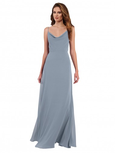 Online Staubiges Blau A-Linien Haube Ausschnitt Chiffon Lange Brautjungfernkleider