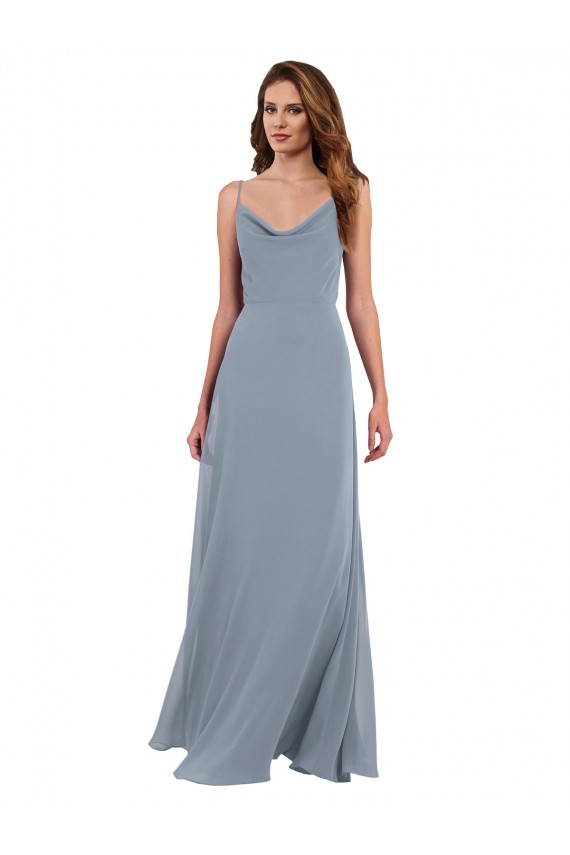 Online Staubiges Blau A-Linien Haube Ausschnitt Chiffon Lange Brautjungfernkleider
