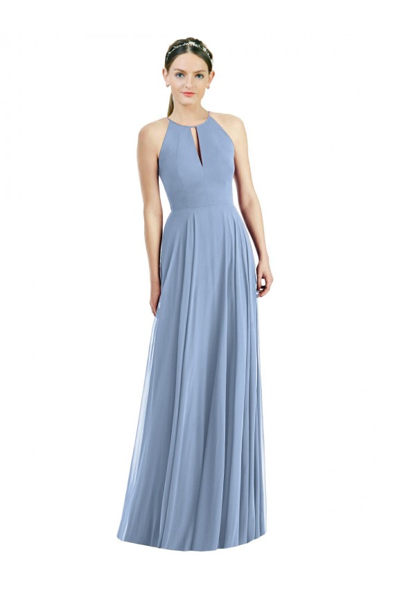 Online Staubiges Blau A-Linien Neckholder Chiffon Lange Brautjungfernkleider