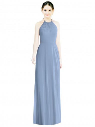 Online Staubiges Blau A-Linien Neckholder Chiffon Lange Brautjungfernkleider