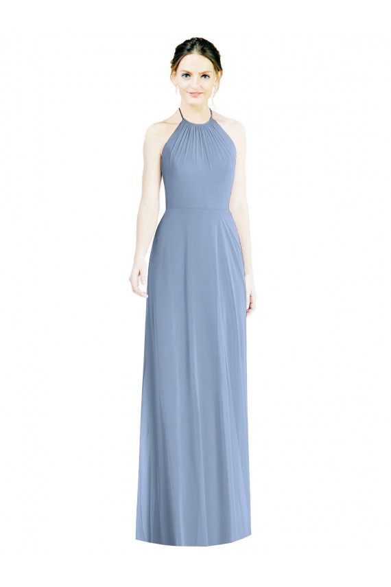 Online Staubiges Blau A-Linien Neckholder Chiffon Lange Brautjungfernkleider