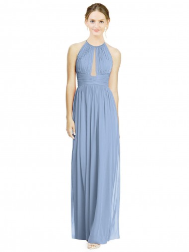 Online Staubiges Blau A-Linien Neckholder Chiffon Lange Brautjungfernkleider