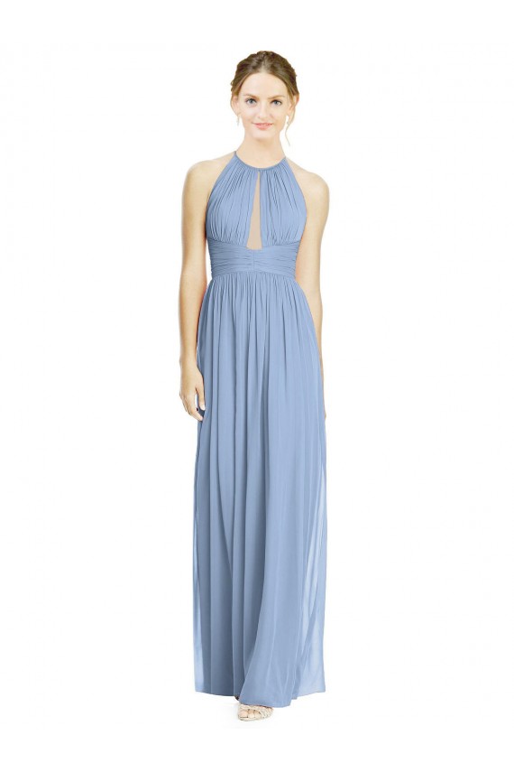 Online Staubiges Blau A-Linien Neckholder Chiffon Lange Brautjungfernkleider