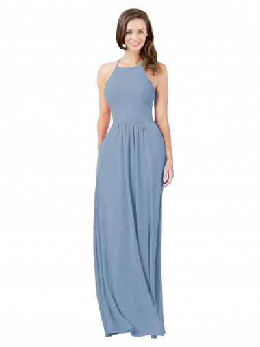 Online Staubiges Blau A-Linien Neckholder Chiffon Lange Brautjungfernkleider