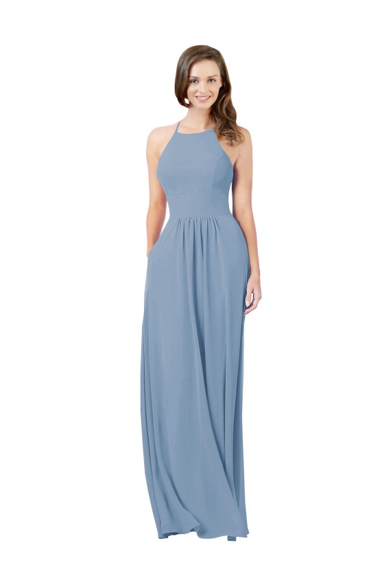 Online Staubiges Blau A-Linien Neckholder Chiffon Lange Brautjungfernkleider
