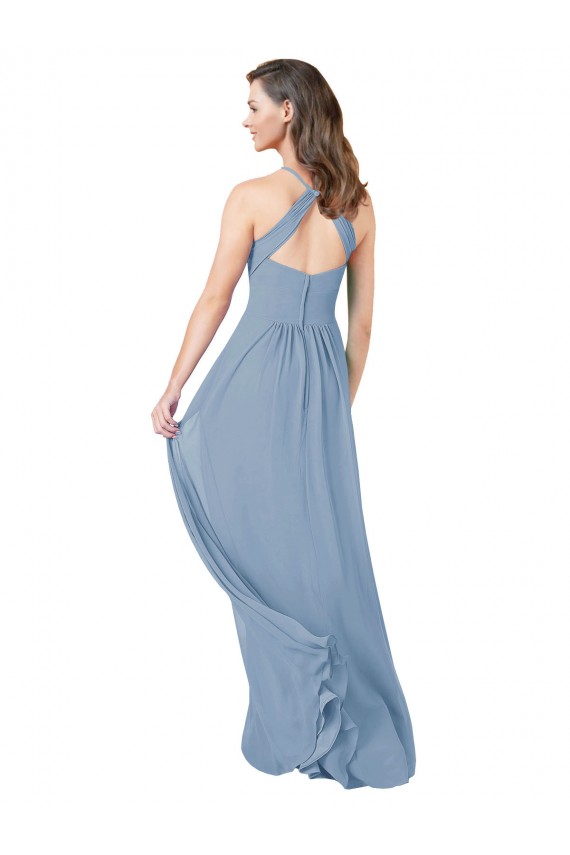 Online Staubiges Blau A-Linien Neckholder Chiffon Lange Brautjungfernkleider