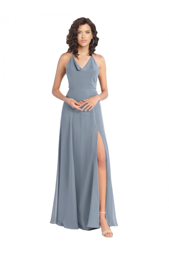 Online Staubiges Blau A-Linien Neckholder Haube Ausschnitt Chiffon Lange Brautjungfernkleider