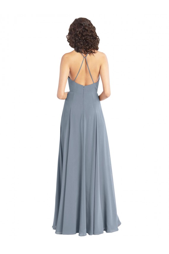 Online Staubiges Blau A-Linien Neckholder Haube Ausschnitt Chiffon Lange Brautjungfernkleider