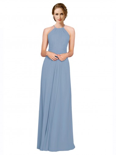 Online Staubiges Blau A-Linien Neckholder Stehkragen Ausschnitt Chiffon Lange Brautjungfernkleider