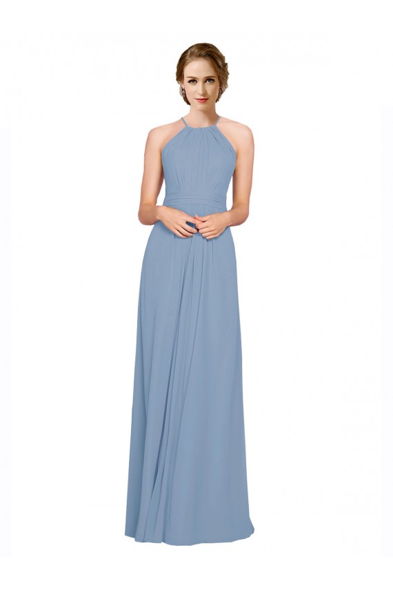 Online Staubiges Blau A-Linien Neckholder Stehkragen Ausschnitt Chiffon Lange Brautjungfernkleider