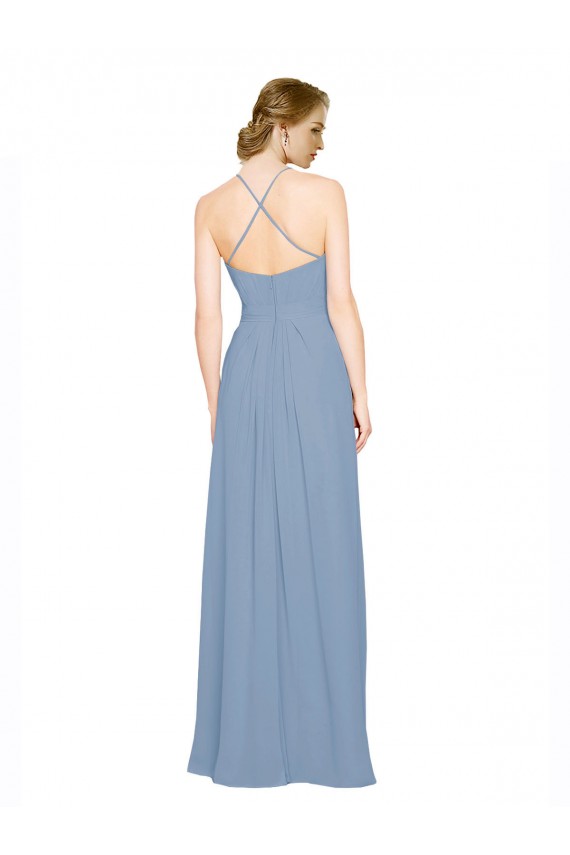 Online Staubiges Blau A-Linien Neckholder Stehkragen Ausschnitt Chiffon Lange Brautjungfernkleider