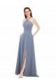 Online Staubiges Blau A-Linien Neckholder Stehkragen Ausschnitt Chiffon Lange Brautjungfernkleider