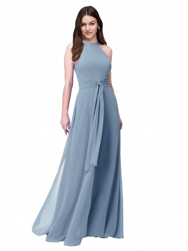 Online Staubiges Blau A-Linien Neckholder Stehkragen Ausschnitt Chiffon Lange Brautjungfernkleider