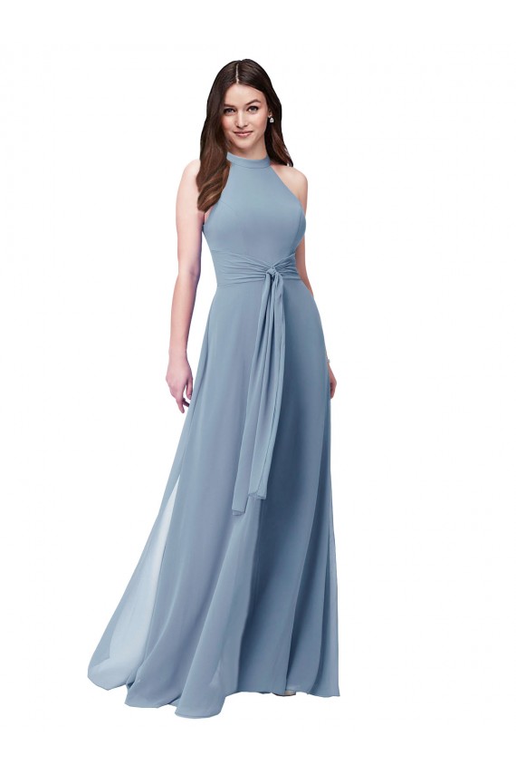 Online Staubiges Blau A-Linien Neckholder Stehkragen Ausschnitt Chiffon Lange Brautjungfernkleider