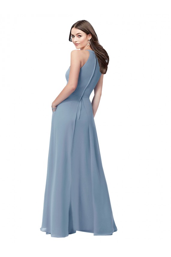 Online Staubiges Blau A-Linien Neckholder Stehkragen Ausschnitt Chiffon Lange Brautjungfernkleider