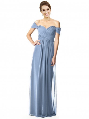 Online Staubiges Blau A-Linien Off-Schulter Chiffon Lange Brautjungfernkleider