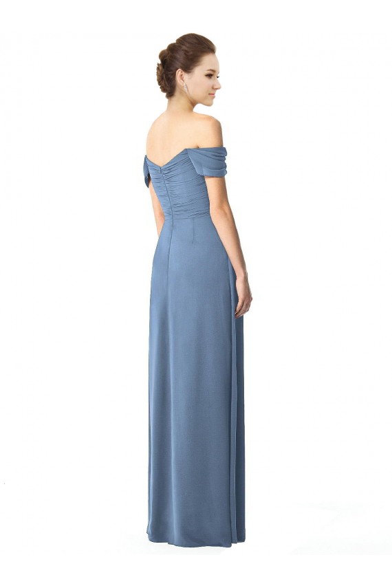 Online Staubiges Blau A-Linien Off-Schulter Chiffon Lange Brautjungfernkleider