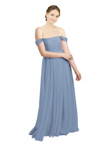 Online Staubiges Blau A-Linien Off-Schulter Chiffon Lange Brautjungfernkleider