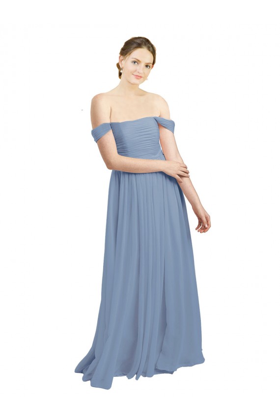 Online Staubiges Blau A-Linien Off-Schulter Chiffon Lange Brautjungfernkleider