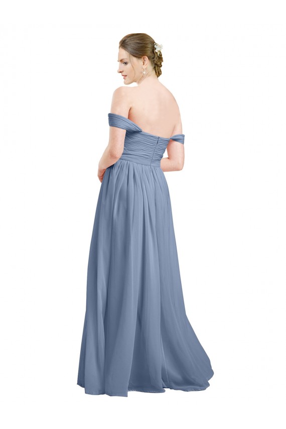Online Staubiges Blau A-Linien Off-Schulter Chiffon Lange Brautjungfernkleider