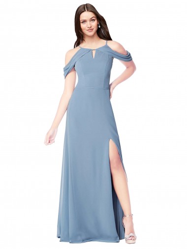 Online Staubiges Blau A-Linien Off-Schulter Chiffon Lange Brautjungfernkleider