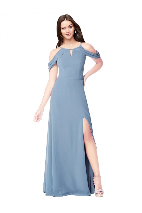 Online Staubiges Blau A-Linien Off-Schulter Chiffon Lange Brautjungfernkleider